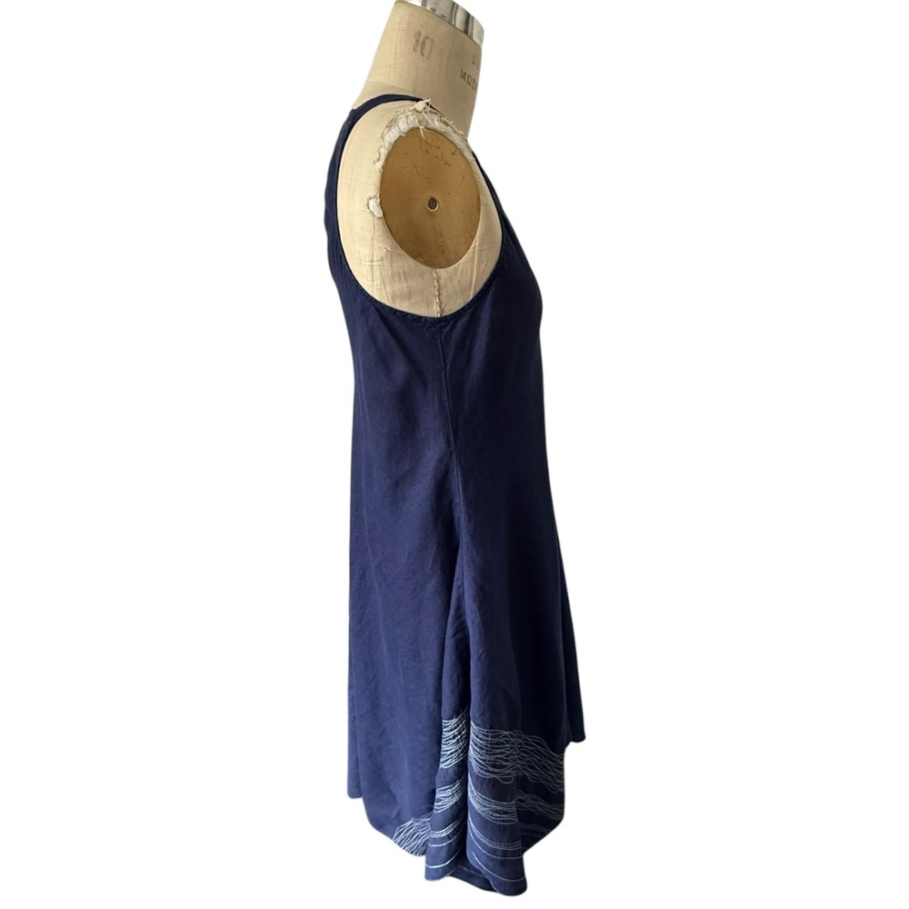 Eileen Fisher Irish Linen Dress Size M Navy Stitched Handkerchief Hem V Neck - Picture 8 of 13